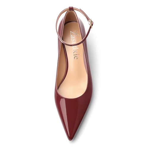Womens Kitten Low Heel Pointed Toe Pumps Ankle Strap Buckle Party Office Dress Heels Shoes 1.4 Inches3