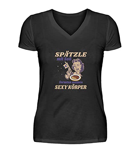 Spätzle avec sauce – Proverbes souabes – Cadeaux de souabe – T-shirt à col en V pour femme, Noir , XXL