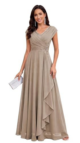JKNBVDER Chiffon Mother of Bride Dresses - Long Floor Length Lace Appliques A Line Formal Dress Taupe