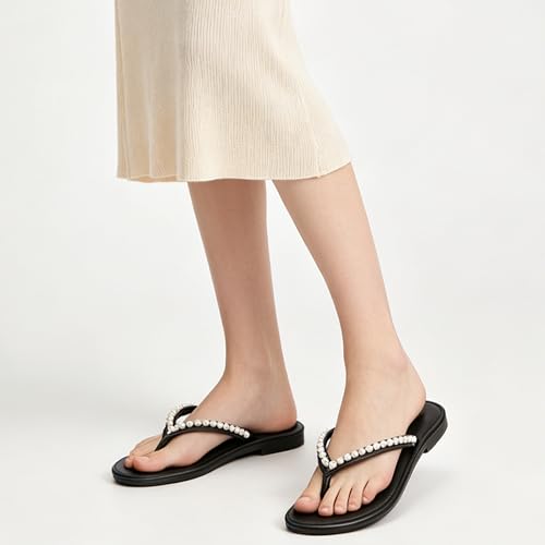 Image of LM Women's Pearls Strappy Flat Sandals Thong Sandals Flip Flop Slip On Slide Sandals for Women Dressy Summer
