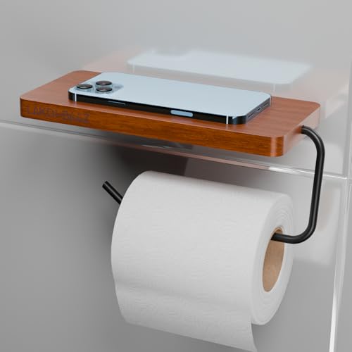 Image of Wooden Toilet Paper Holder with Phone Shelf for Bathroom Roll Holder- Matte Black Metal Tissue Roll Stand for Wall Mount - No Drill - Smartphone Shelf Organizer