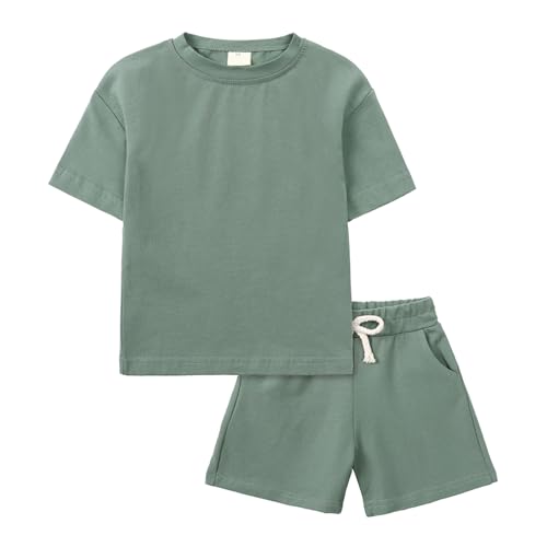 Image of KISBINI Toddler Kids Plain Short Sleeve T-Shirt and Shorts Set Unisex Cotton Summer Outfit Clothes for Little Boys or Girls