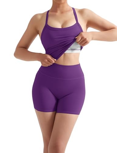 Image of SUUKSESS Women 2 Piece Workout Sets High Waisted Tummy Control Biker Shorts Halter Padded Tank Tops