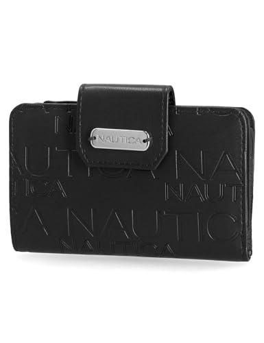 Image of Nautica Womens, Close Reach Vegan Leather RFID Wallet, Small Credit Card Holder Purse with Zipper Coin Pocket and ID Window in Black Embossed