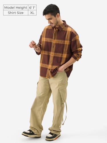 Image of The Souled Store Plaid: Sirocco Men and Boys Collared Neck Long Sleeve Cotton Button Down Relaxed Shirts Brown Shirts Casual Button-Down Full Sleeve Plaid Checks Casual Workwear Fashionable Stylish