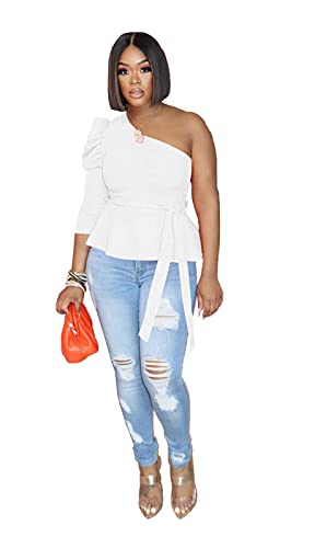 Ekaliy Women Sexy One Shoulder Sleeveless Bodycon High Low Asymmetrical Ruffle Tunics Blouse Shirt Top Dress