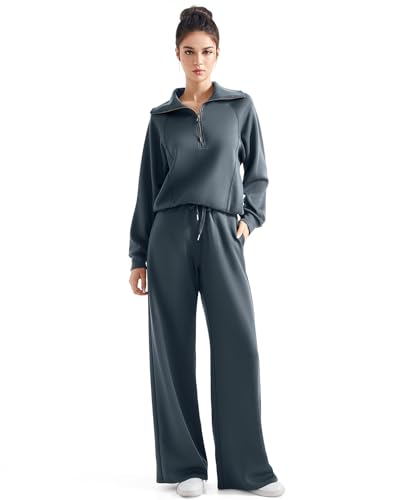 SUUKSESS Women 2 Piece Lounge Matching Set Wide Leg Sweatpant Half Zip Sweatshirt