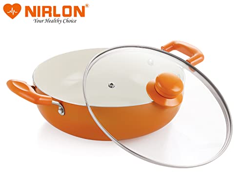 NIRLON Ceramic Non Stick Induction Aluminium Kadhai with Glass Lid, 2.25 litres, Orange - Image 6