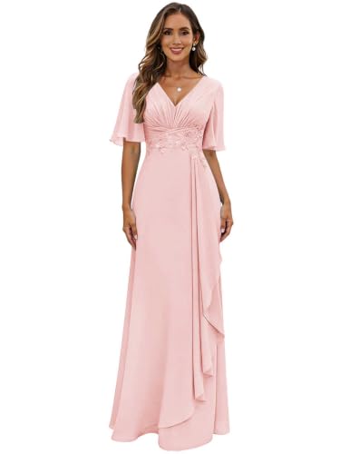 TNLCQV Women's Lace Appliques Mother of the Bride Dress Plus Size V-Neck Ruffles Chiffon Blush Pink Formal Prom Party Evening Dress Wedding Guest Gown Size 17