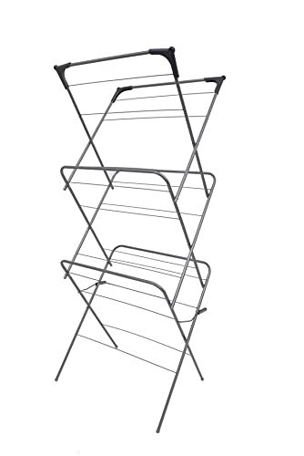 Straame 3 Tier Clothes Airer, Clothes Rack Drying Indoor and Outdoor Laundry Rack with Non-Slip Feet and Corner Spaces for Hangers, Flat Foldable for Space Saving, 63 x 46 x 138 (Grey)