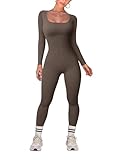 TOB Women Yoga Jumpsuits Workout Ribbed Long Sleeve Square Neck Sport Jumpsuits Tea leaf