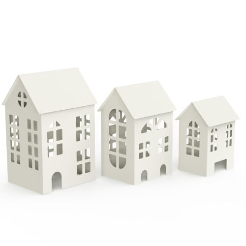 Image of Dijia Christmas Village House Set of 3, White Sturdy Metal Decorative Ornaments, All Season Indoor Outdoor Xmas Tabletop Decor for Home Table, Patio, Balcony & Garden