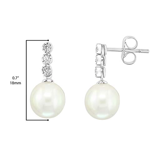 14K White Gold 0.09ctw Diamond & 8mm-8.5mm AAA Round White Freshwater Cultured Pearl Stacked Bezels Drop Stud Earrings (G-H Color, SI2-I1 Clarity)3