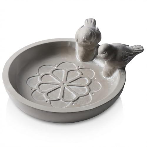 Schauer Deko Vogeltränke aus Zement – Vogelbad Garten mit Zwei Vogel-Figuren & Blumen-Relief – Wassertränke für Vögel Massiv & Standfest – Steinschale/Wasserschale Garten & Balkon – 22 cm, Grau