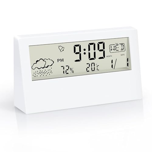 KADIO Plastic Digital Alarm Clock, Transparent LCD Display with Indoor Temperature, Humidness, Snooze, Date,Week,12/24H, Battery Operated Alarm Clock Desk Clock for Bedrooms, Living Room, White