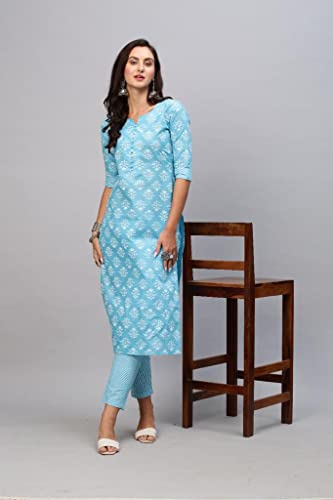 Image of GoSriKi Women's Cotton Blend Printed Straight Kurta With Pant