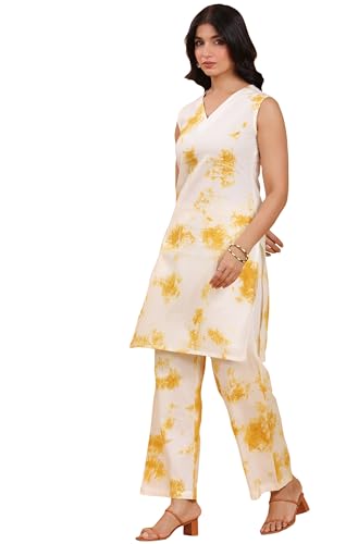 Image of Janasya Women Pure Cotton Tie & dye Kurta & Pant Set Cream Color Trending Outfit