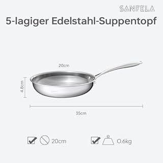 SANFELA Padella in acciaio inox da 20 cm, padella in acciaio inox a 5 strati, lavabile in lavastoviglie e utilizzabile in forno, padella a induzione, distribuzione uniforme del calore