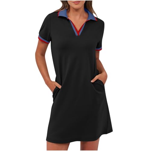 BFSWL Vestido de polo para mujer, manga corta, vestido de ocio, largo hasta la rodilla, vestido de deporte, vestido de verano, vestido de golf, monocolor, vestido de tenis, tiempo libre, solapa