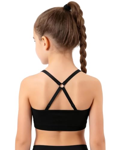 iMucci Girls Sports Bra Training Bra Cross Back Dance Bra Kid Teen Adjustable Straps Removable Padding 10-13 Years(Black)