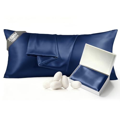 Image of THXSILK 100% Pure Mulberry Silk Pillowcase for Hair and Skin, 25 Momme, Grade 6A+ Pure Mulberry Silk Body Pillow Case Body Size 20 inchx54 inch, Real Silk Pillowcase with Zipper (Navy Blue)