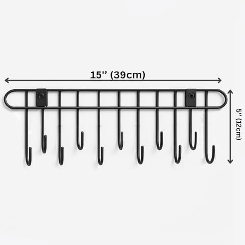 Image of Self Adhesive Kitchen Hook Rack | No Drill Wall Mounted Utensil Hanger with 11 Hooks | Heavy Duty Carbon Steel Kitchen Rail for Pots, Pans & Tools | Space Saving (Black)