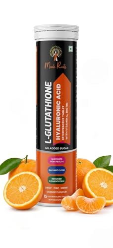 Image of L-Glutathione with Hyaluronic Acid Effervescent Tablets, Orange Flavour, Vitamin C, Biotin (15 Count (Pack of 1), Orange)