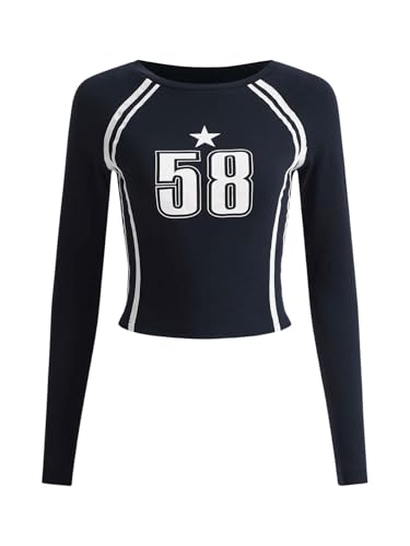 SOLY HUX Women's Y2K Jersey Crop Top Long Sleeve Number Graphic Tees Tight Fitted Going Out T Shirts Striped Shirt