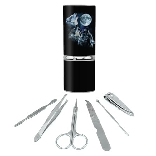 GRAPHICS & MORE Howling at the Moon Wolf Pack Stainless Steel Manicure Pedicure Grooming Beauty Care Travel Kit