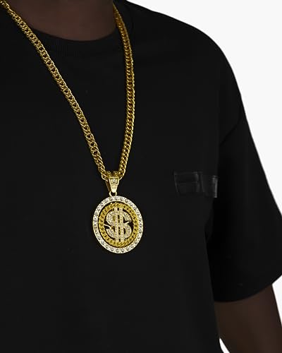 HANCAO 2 Pieces Gold Digger Costume Rotatable Hip Hop Rapper Chain Money Chain Necklace for Men with Dollar Sign Pendant Necklace, Big Fake Gold Necklace