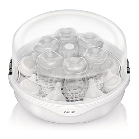 Nuliie Microwave Steam Steriliser, Sterilising 6 Bottles in 2 Minutes, Bottle Steriliser for Babies with a Clamp, Grey Cover