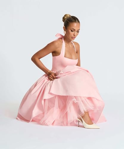 Image of Women Summer Halter Dress Low Cut Sleeveless A Line Tulle Swing Flowy Tea Length Dress Corset Prom Formal Ball Gowns
