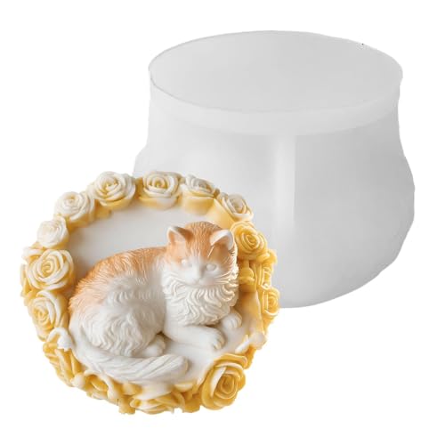 Moldes para hacer velas, diseño de gato sobre cama de rosas, para casa, granja, fiesta, bricolaje, jabón, chocolate, pastel