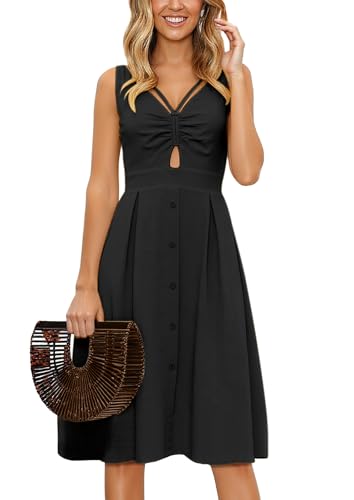 Image of ECOWISH Women 2026 Summer Dresses Tie Front V-Neck Spaghetti Strap Button Down A-Line Backless Swing Midi Dress