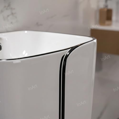 Image of InArt Ceramic Pedestal Wash Basin - Square Free Standing, Glossy White & Black,17x14x34 Inch, Easy Install for Modern Bathrooms (Black 2)