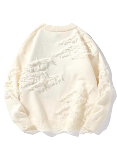 Men's Solid Ripped Drop Shoulder Long Sleeve Sweater, Unisex Casual Chic Oversized Round Neck Pullover Knitwear Tops2