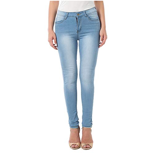 OutTop Washed Blue Denim High Waisted Jeans for Women Button Classic Skinny Casual Comfy Stretch Trouser Pants w/Pocket (Blue, XXL)