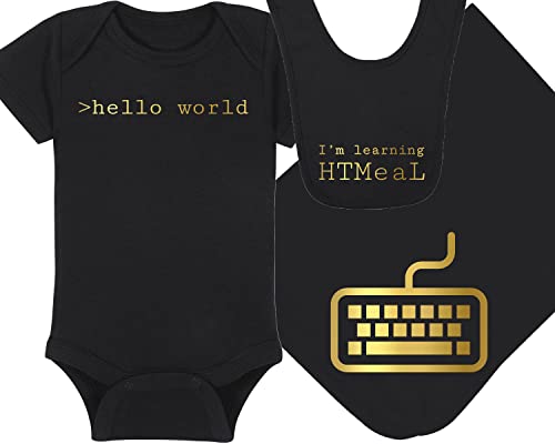 Techie Baby Onesie, Blanket and Bib - >hello world - Keyboard - I'm Learning HTMeaL (3-6 Month - Black Fabric - Gold Design)