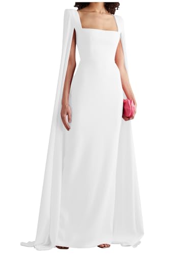 Women's Cape Sleeves Elegant Dress Square Collar Satin Long Sheath Formal Wedding Guest Dress with Back Slit
