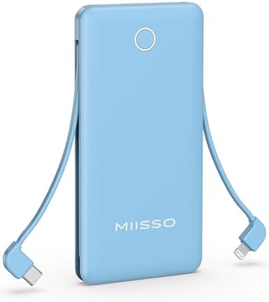 10000mAh Compatible with iPhone 15/16/17 and Android, Slim Portable Charger with Built in Cable, Power Bank Travel Charger External Battery Pack for Phone, 3 Output USB Type C Cord, Blue