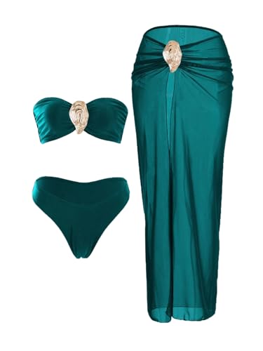 GORGLITTER Women's Strapless Bandeau Swimsuits High Waisted Bikini Sets with Metal Coverup Skirts 3 Piece Bathing Suits