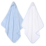 2 x Hooded Baby Towel Soft 100% Cotton Bath Wrap Pack of Two Towels, Blue & White