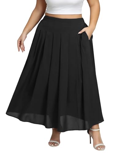 LassDazz Women's Plus Size Double Layers Long Pleated Skirt Elastic High Waist A-Line Tummy Control Versatile Flowy Skirt Black