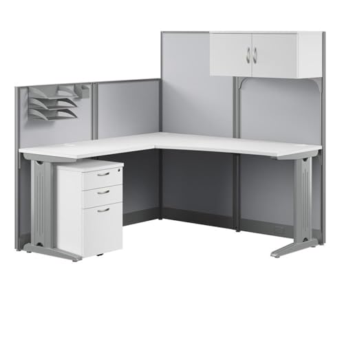 Bush Business Furniture Office in an Hour 65W L Shaped Cubicle Desk with Storage, Drawers, and Organizers in Pure White