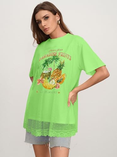 CSDAJIO Trendy Crew Neck Oversized T Shirts for Women Short Sleeve Loose Graphic Tee Summer Lace Top Paradise Fruits LawnGreen XX-Large — view 6