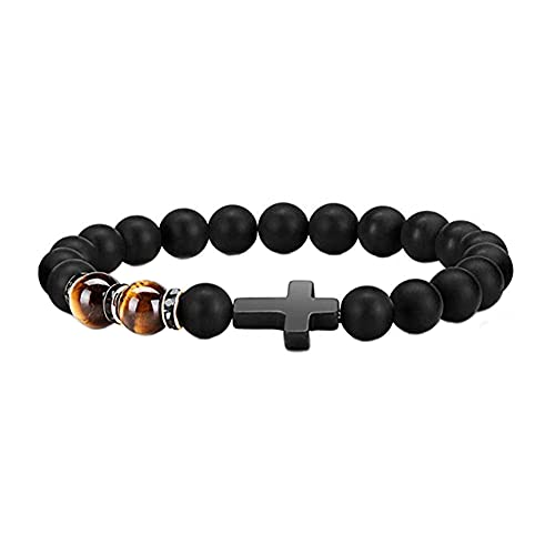 Cross Bracelet for Men Tiger Eye Catholic Rosary Bracelet for Men Boys Adjustable Natural Crystal Stone Bead Anti Anxiety Stretch Bracelet