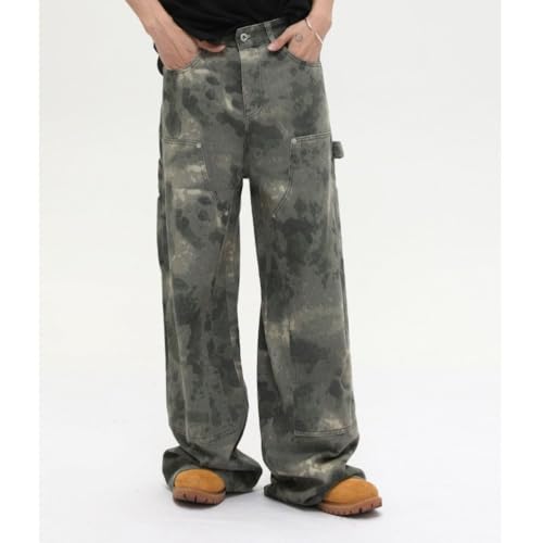 Men's Retro Camo Print Denim Baggy Pants Old Splicing Streetwear Wide Leg Cargo Jeans4