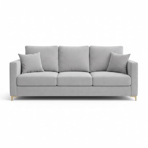 Image of Hayes Rich Velvet Suede 3 Seater Sofa | Golden Aesthetic Legs | Spacious Soft Touch Comfort Seating | Modern Luxe Sofa for Living Room (Light Gray)