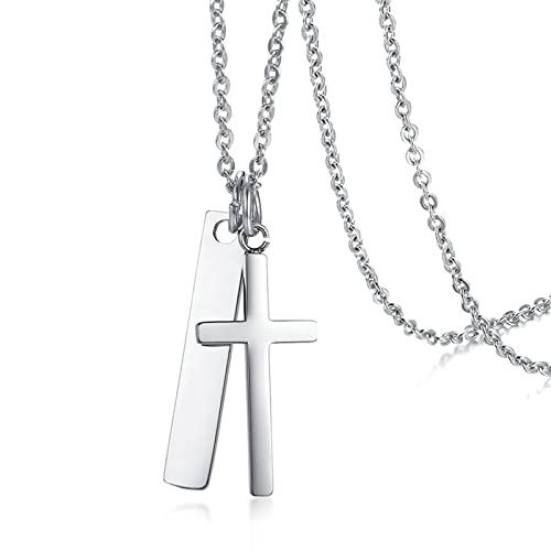 Ayoiow Collar de plata inoxidable, plata colgantes collares cruz etiqueta collares mujer