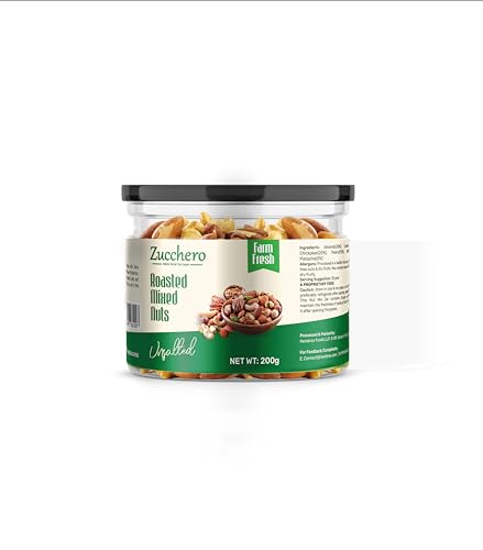 Image of Zucchero Roasted Nut Mix, Unsalted, 200g (California Almond, Cashew (W240), White Chikpeas, Bold Peanuts, Pistachio, Black Raisins) - Oil-Free Roasting | No added Salt | High Protein | Roasted Dry Fruit | Jumbo Quality | Brainy Nuts | Preservative free | Zero Cholesterol
